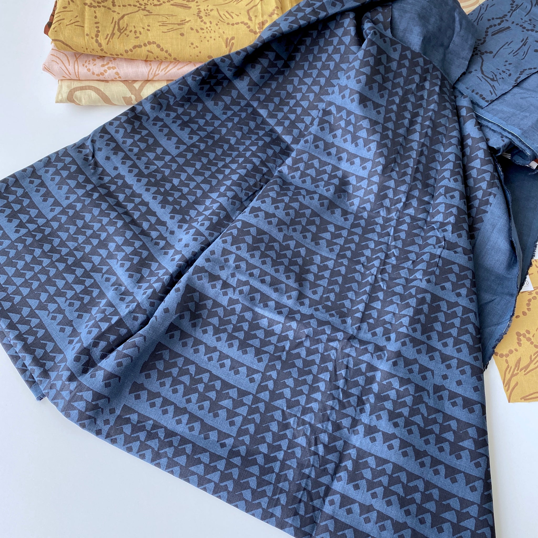 Triangles in Midnight on Deep Blue  - 100% linen - FABRIC BY THE YARD