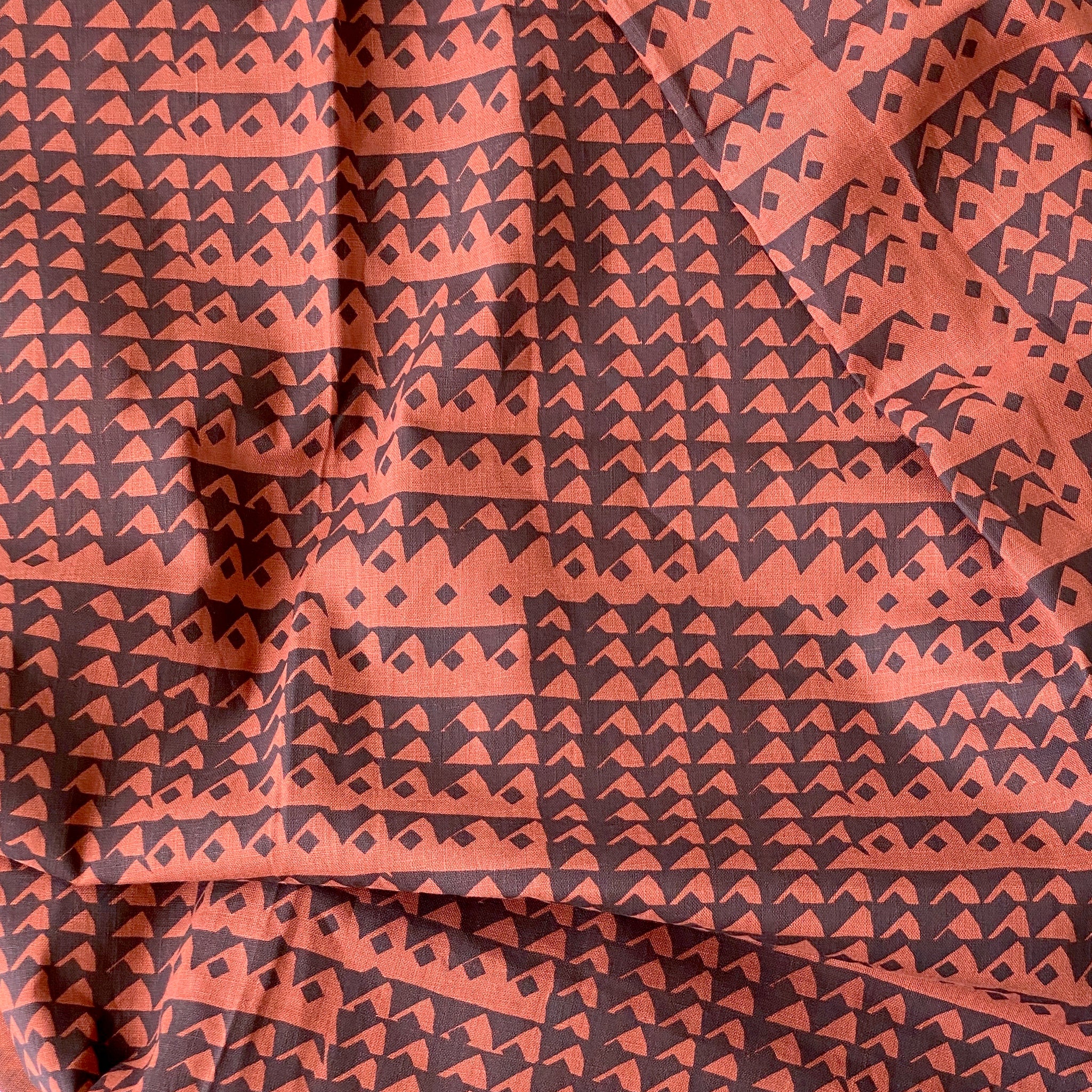Triangles in Midnight on Burnt Sienna - 100% linen - FABRIC BY THE YARD