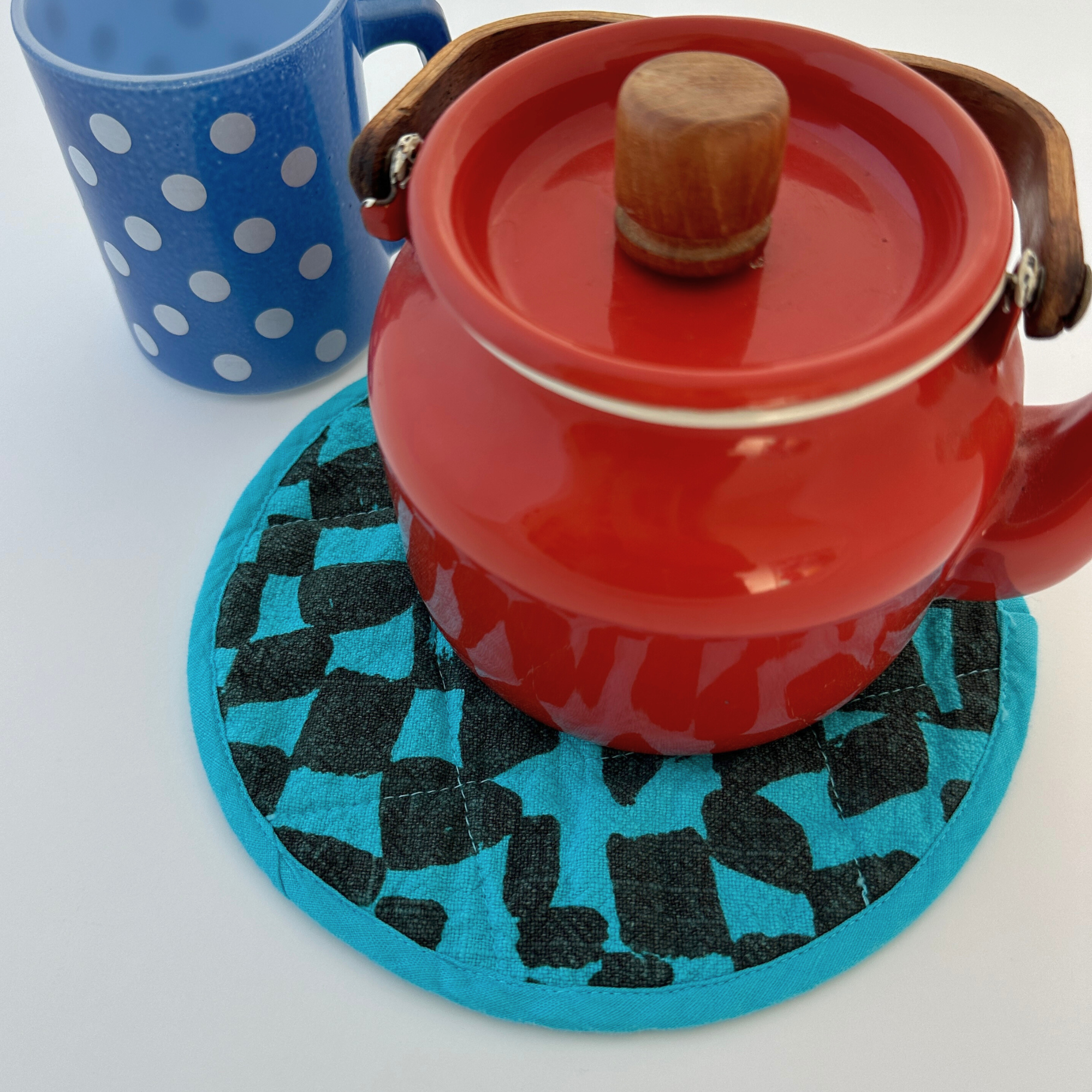 Circle Potholder - Checks - Lentil - Turquoise