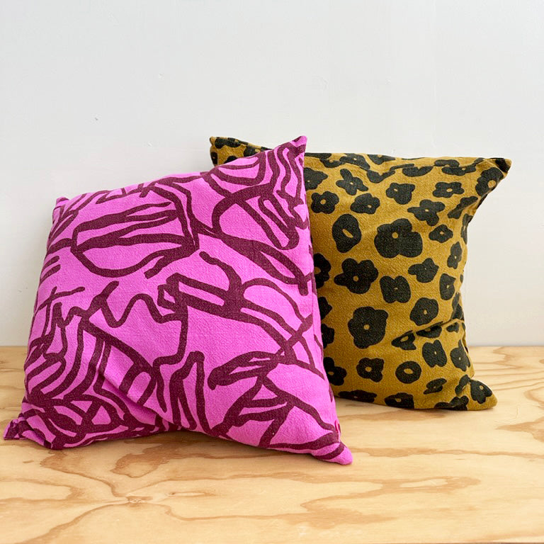 The Square Throw Pillow - River in Maroon and Fuchsia