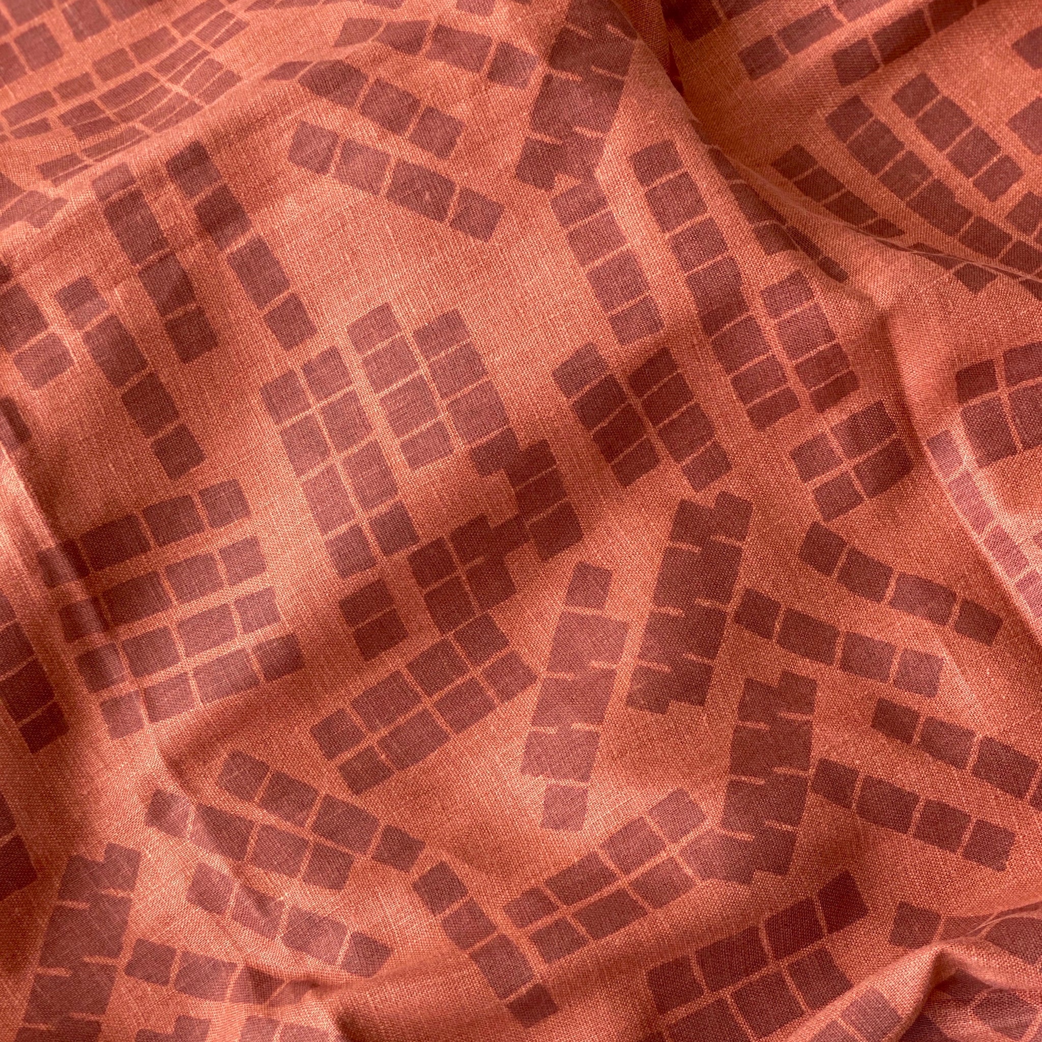 Tiles in Sky on Burnt Sienna - 100% linen - FABRIC BY THE YARD